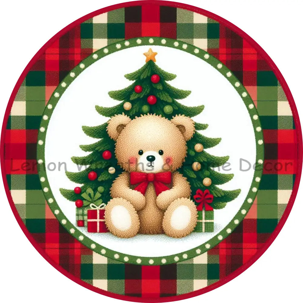 Plaid Christmas Teddy Bear Metal Sign