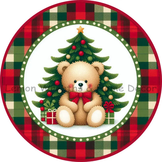 Plaid Christmas Teddy Bear Metal Sign