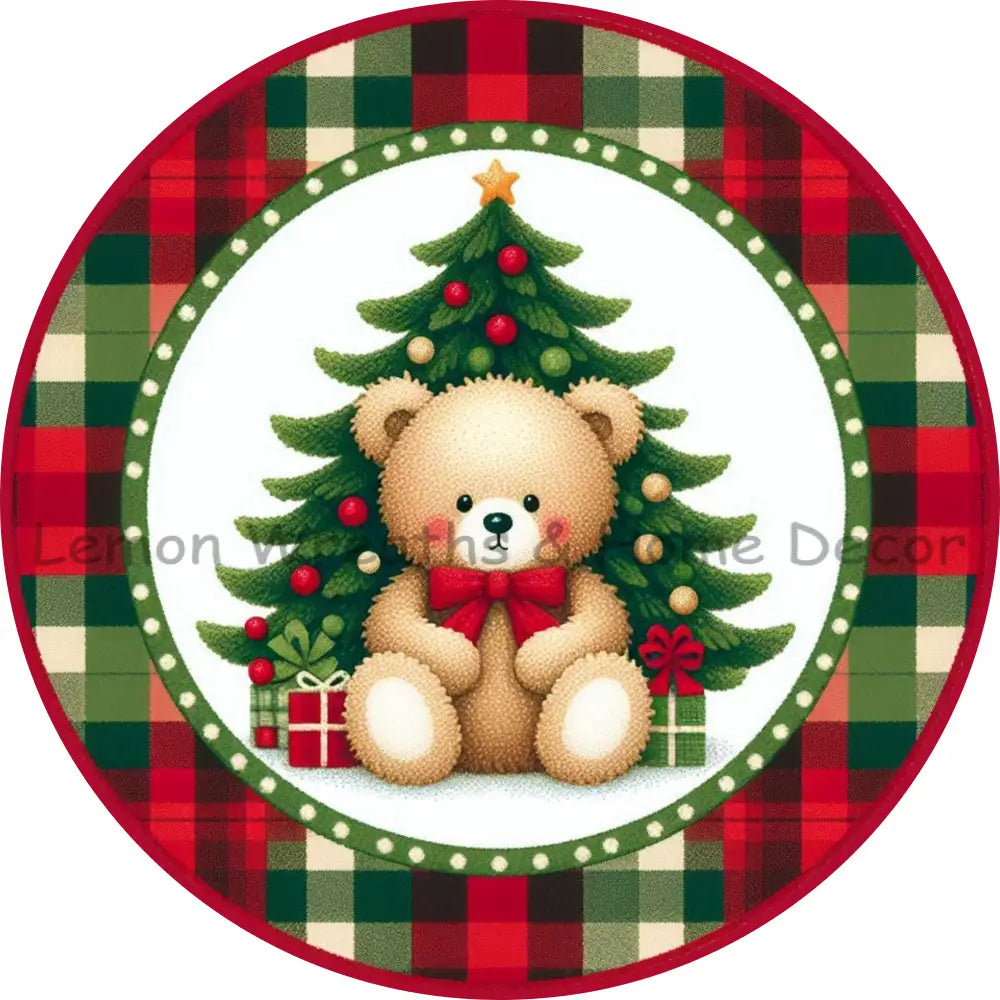 Plaid Christmas Teddy Bear Metal Sign