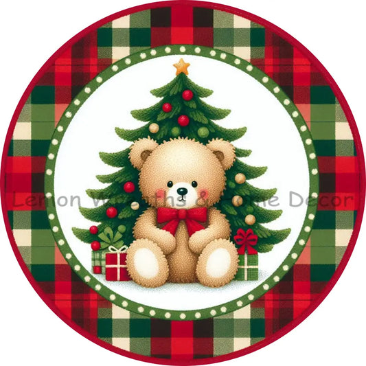 Plaid Christmas Teddy Bear Metal Sign