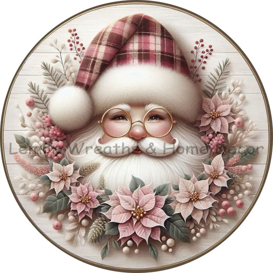 Plaid Hat Santa Blush Rose Poinsettias Metal Sign