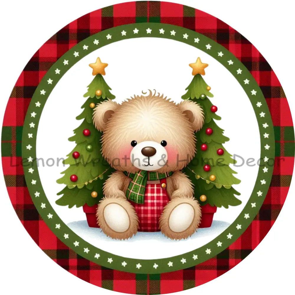 Plaid Teddy Bear With Christmas Trees Metal Sign