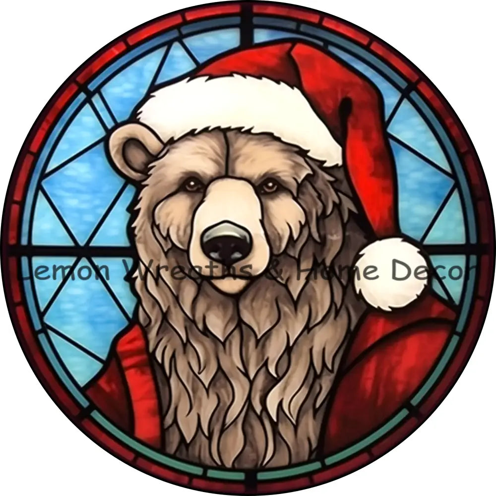 Polar Bear Santa Faux Stained Glass Metal Sign