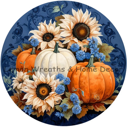 Pumpkins With White Daisies Fall Arrangement Metal Sign 6 / No Text