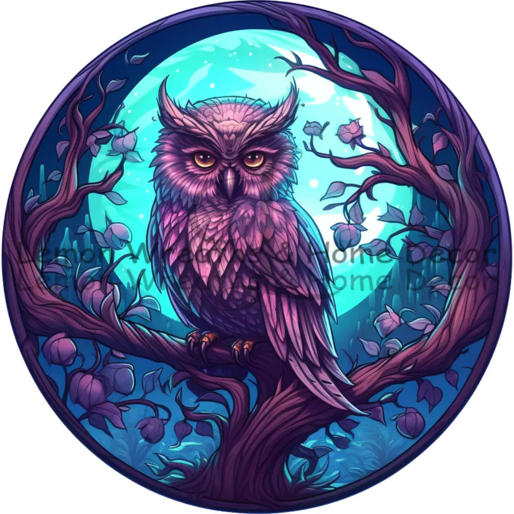 Purple Owl Teal Moon Scene Metal Sign 8