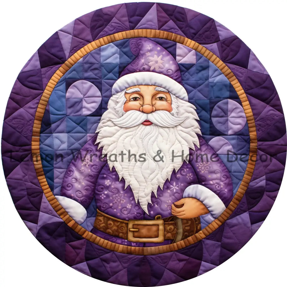 Purple Santa With Gold Frame Quilted Look Metal Sign