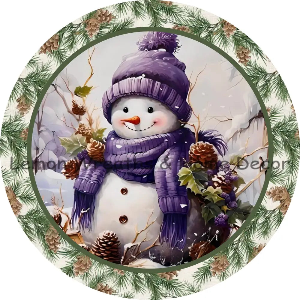 Purple Snowman Pinecone Border Metal Sign
