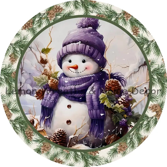 Purple Snowman Pinecone Border Metal Sign