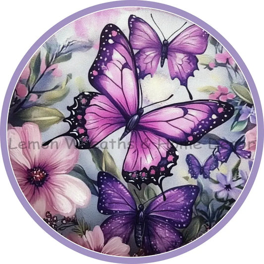 Purple Swallowtails With Pink Floral Metal Sign