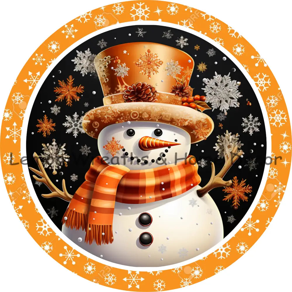 Rainbow Snowman Orange Snowflake Border Metal Sign