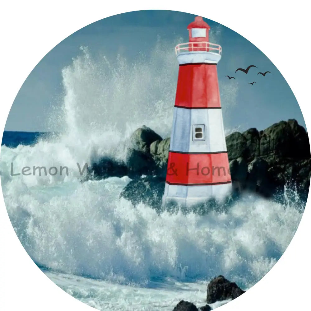 Red Lighthouse Crashing Waves Metal Sign 8