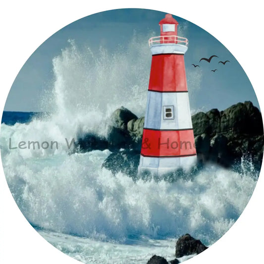 Red Lighthouse Crashing Waves Metal Sign 8