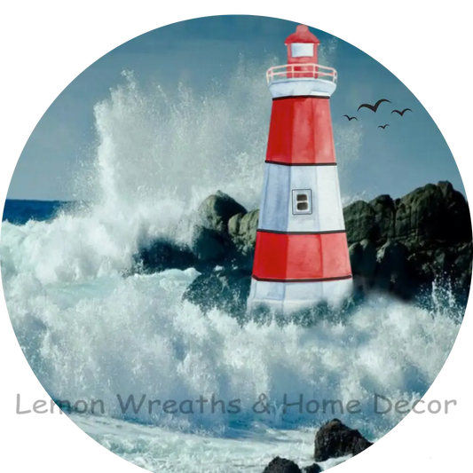 Red Lighthouse Crashing Waves Metal Sign 8