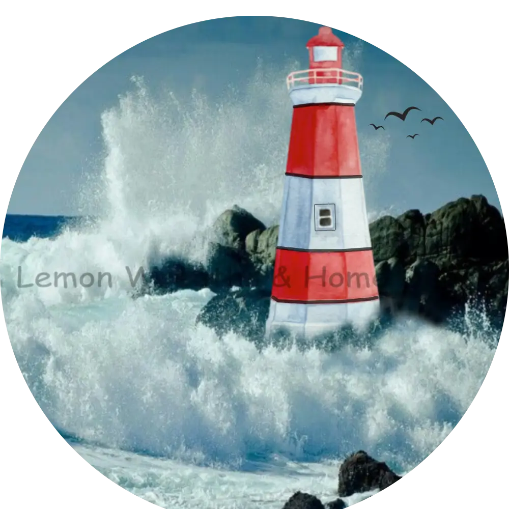 Red Lighthouse Crashing Waves Metal Sign 8