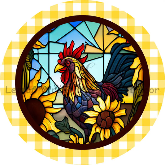 Rooster Yellow Gingham Faux Stained Glass Metal Sign 8