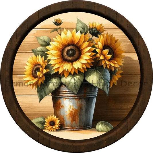 Rustic Bucket of Sunflowers Faux Wood Frame Metal Sign