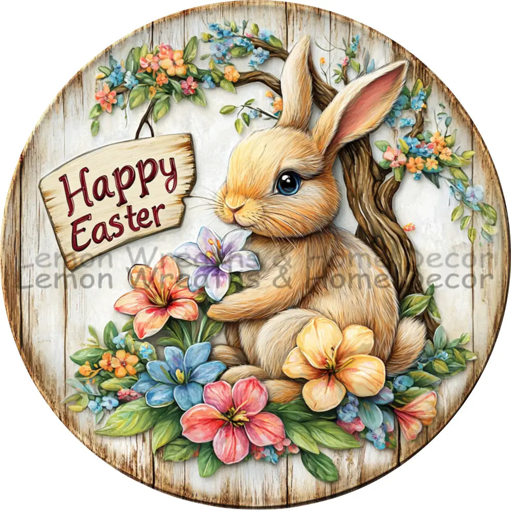 Rustic Happy Easter Bunny Floral Metal Sign