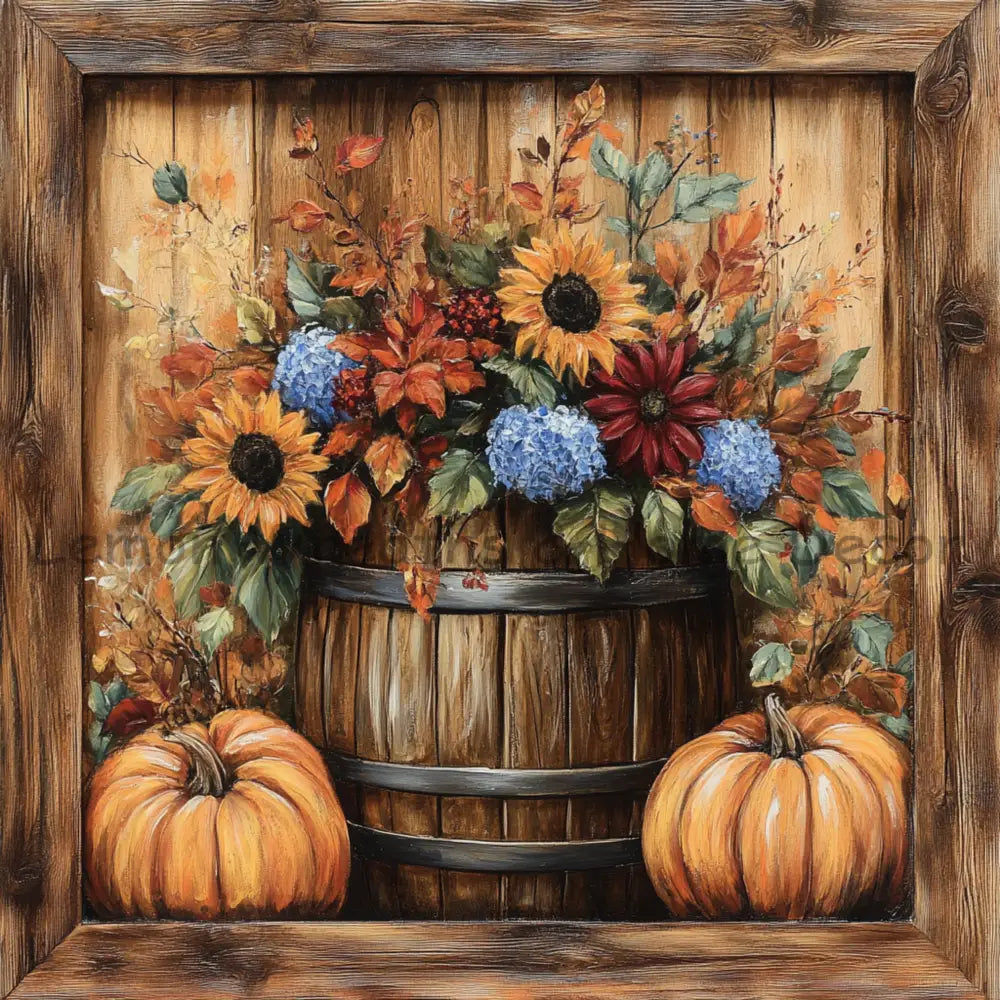 Rustic Harvest Barrel Blooms Metal Sign