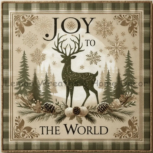 Rustic Joy To The World Winter Deer Square Metal Sign