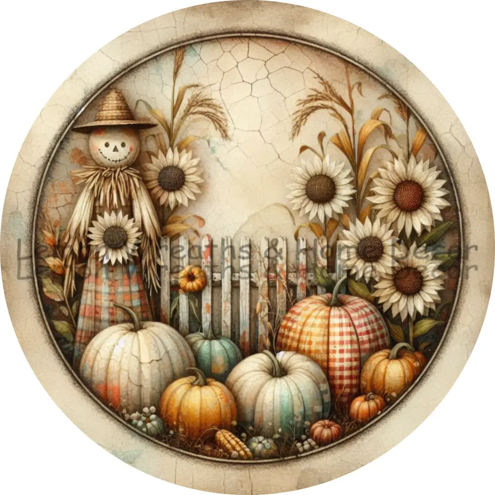 Rustic Patchwork Pumpkins And Scarecrow Fall Metal Sign
