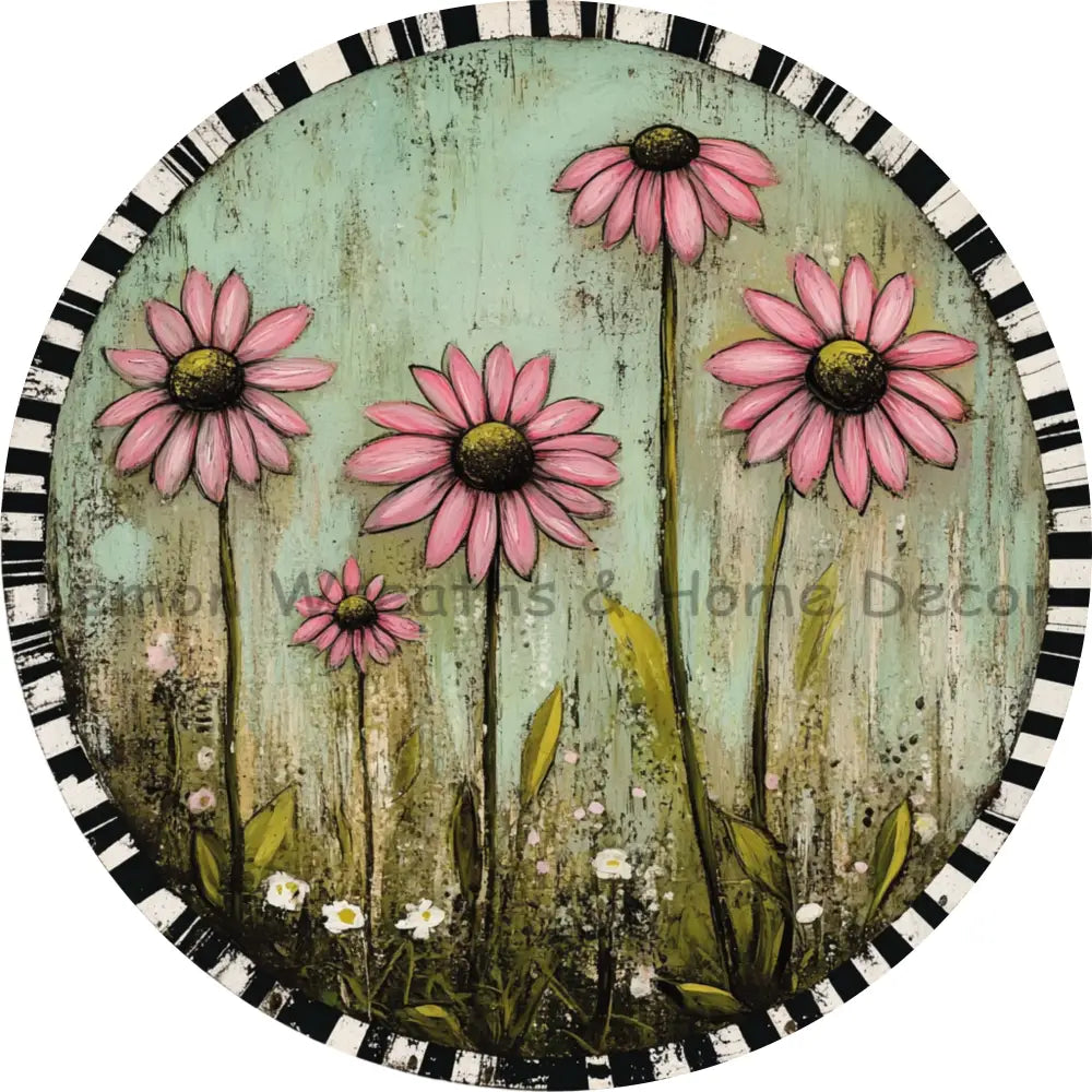 Rustic Pink Daisies and Wildflowers Metal Sign