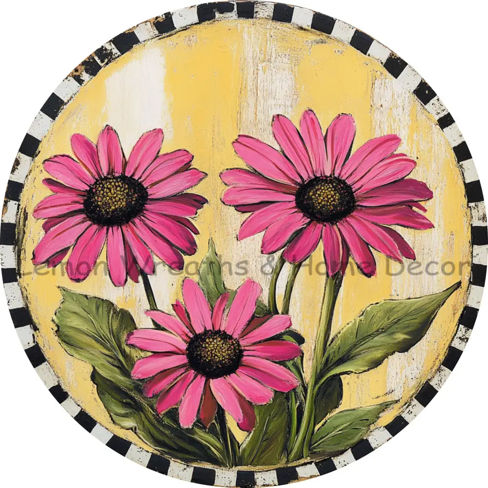 Rustic Pink Daisies Black and White Stripe Border Metal Sign