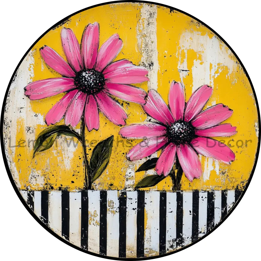 Rustic Pink Daisies Stripes on Bottom Metal Sign