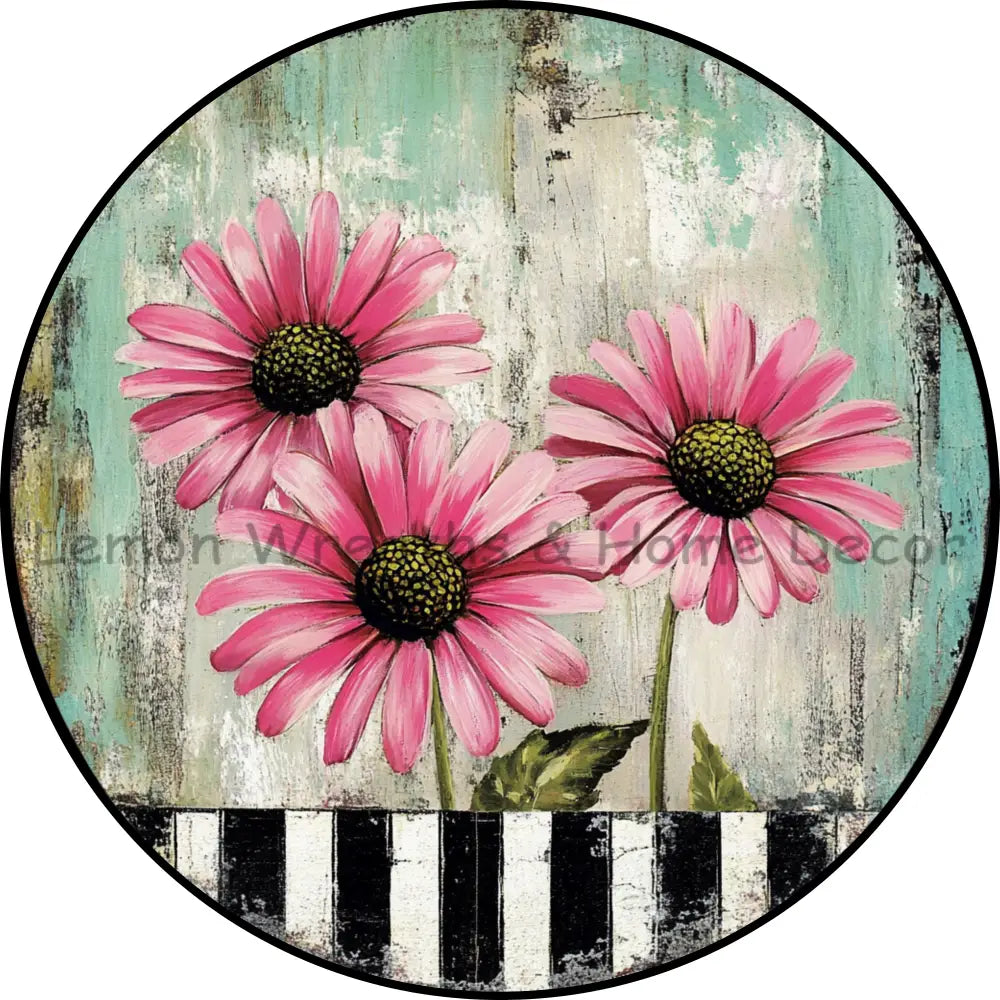 Rustic Pink Daisies Turquoise Background Metal Sign