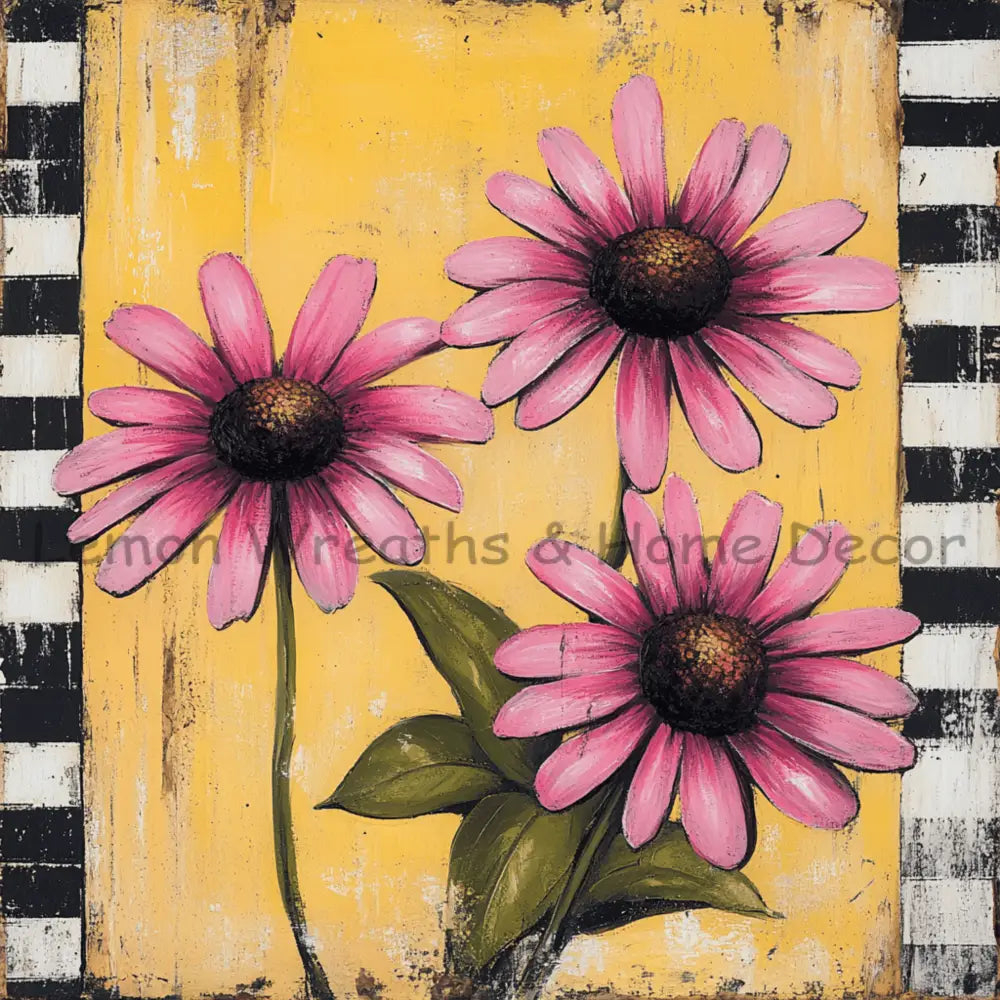 Rustic Pink Daisies Yellow Background Square Metal Sign