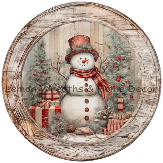 Rustic Snowman Wood Frame Metal Sign