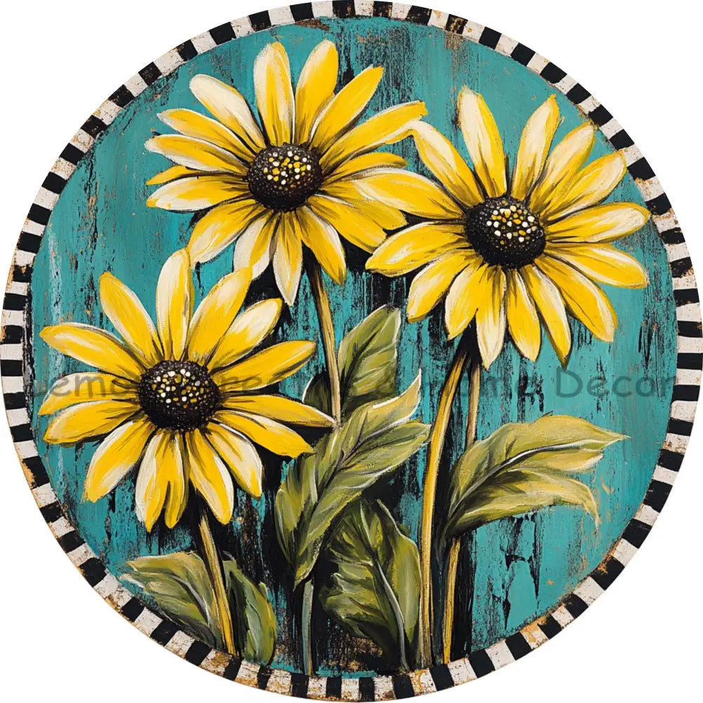 Rustic Sunflowers Black and White Stripe Border Metal Sign