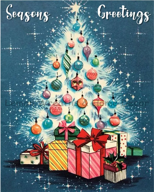 Seasons Greetings Christmas Tree Blue Metal Sign 8 X 10