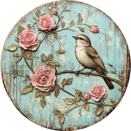 Shabby Chic Bird And Pink Roses Metal Sign
