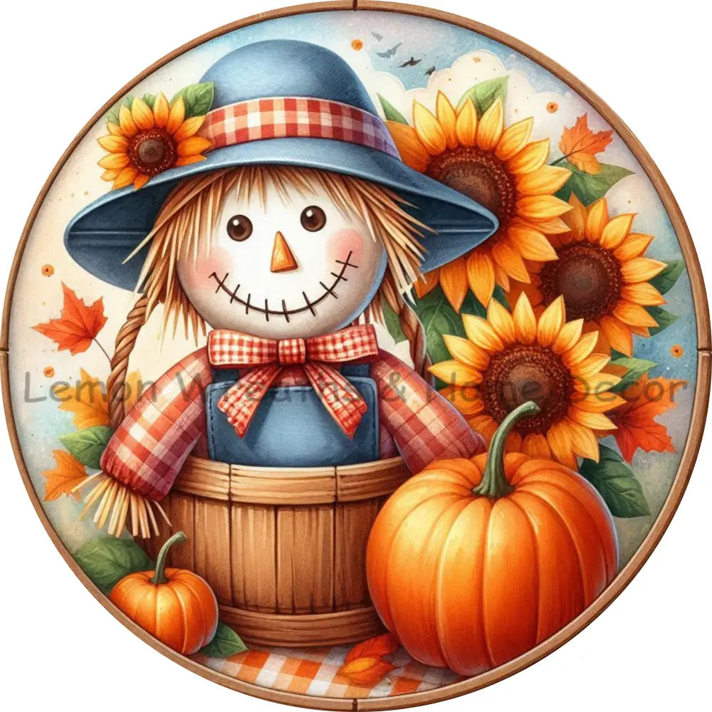Smiling Scarecrow and Sunflowers Metal Sign