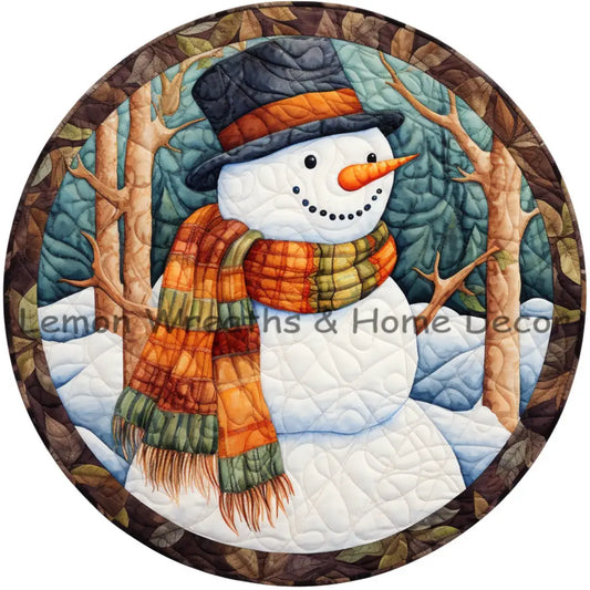 Snowman In Woodland Scene Quilted Look Metal Sign