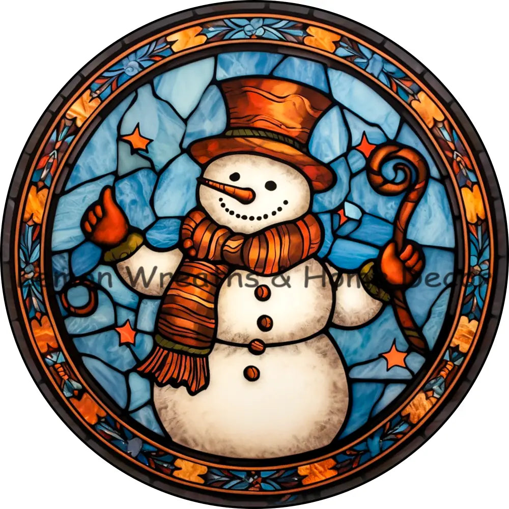 Snowman W/Brown Scarf Faux Stained Glass Metal Sign