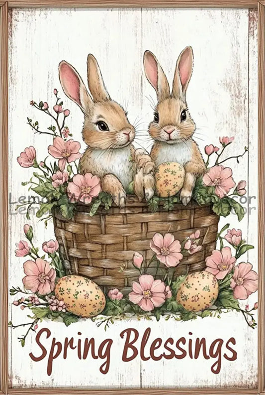 Spring Blessings Bunnies Metal Sign