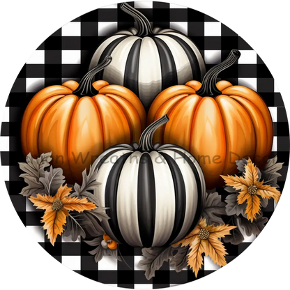 Striped Fall Pumpkins Checkered Background Metal Sign 6 / No Text