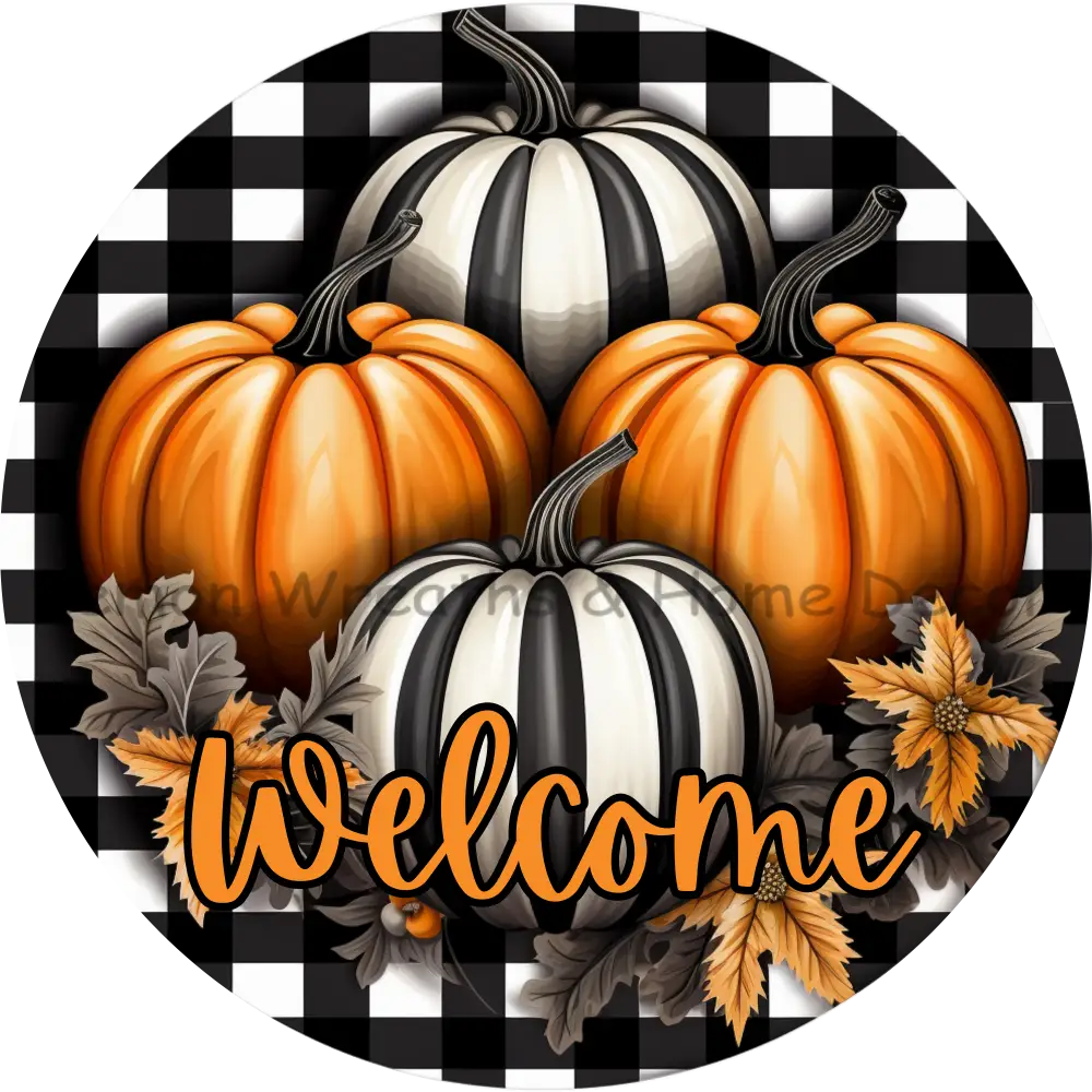 Striped Fall Pumpkins Checkered Background Metal Sign 6 / Welcome