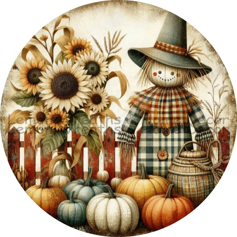 Sunflower Harvest Scarecrow With Plaid Pumpkins Metal Sign