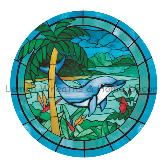 Swimming Dolphin Faux Stained Glass Metal Sign 8