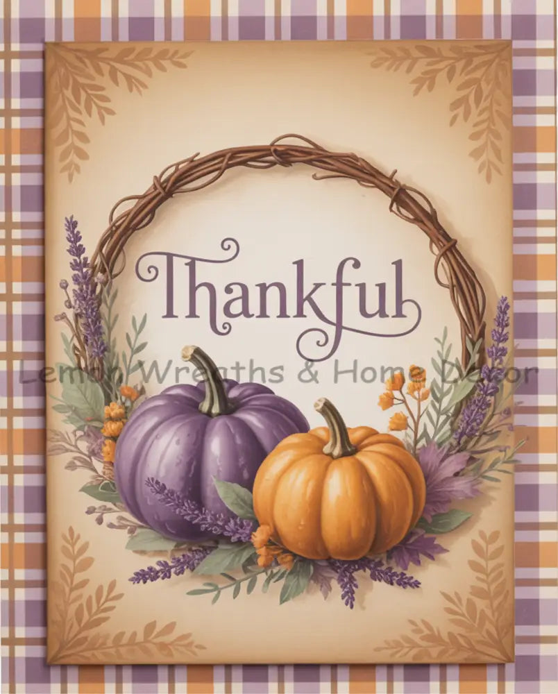 Thankful Purple and Orange Pumpkins Lavender Plaid Border Rectangle Metal Sign