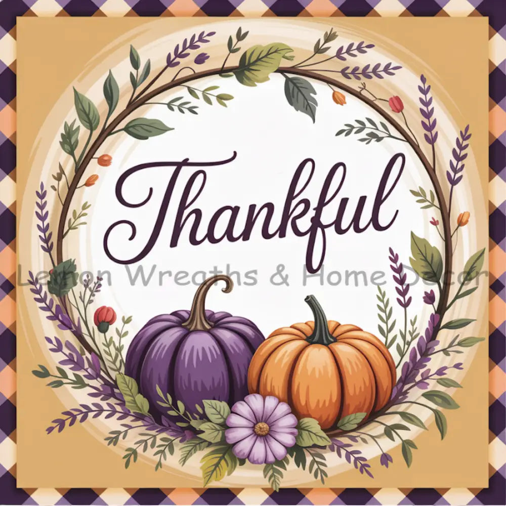 Thankful Purple and Orange Pumpkins w/Foliage Square Metal Sign