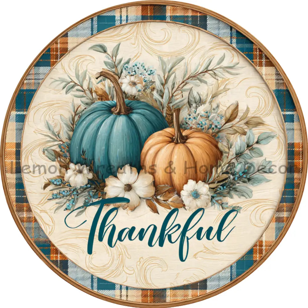 Thankful Teal and Orange Pumpkins Plaid Border Metal Sign