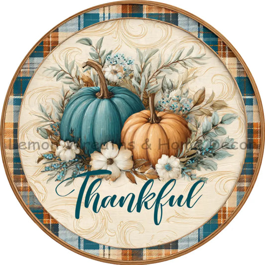 Thankful Teal and Orange Pumpkins Plaid Border Metal Sign
