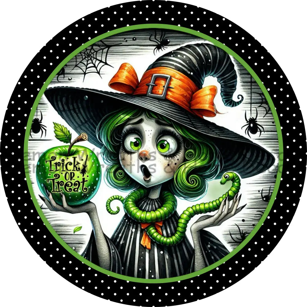 Trick Or Treat Lime Green Witch Metal Sign