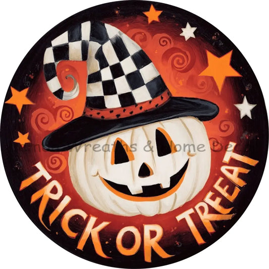 Trick Or Treat Vintage White Pumpkin Black Check Hat Metal Sign