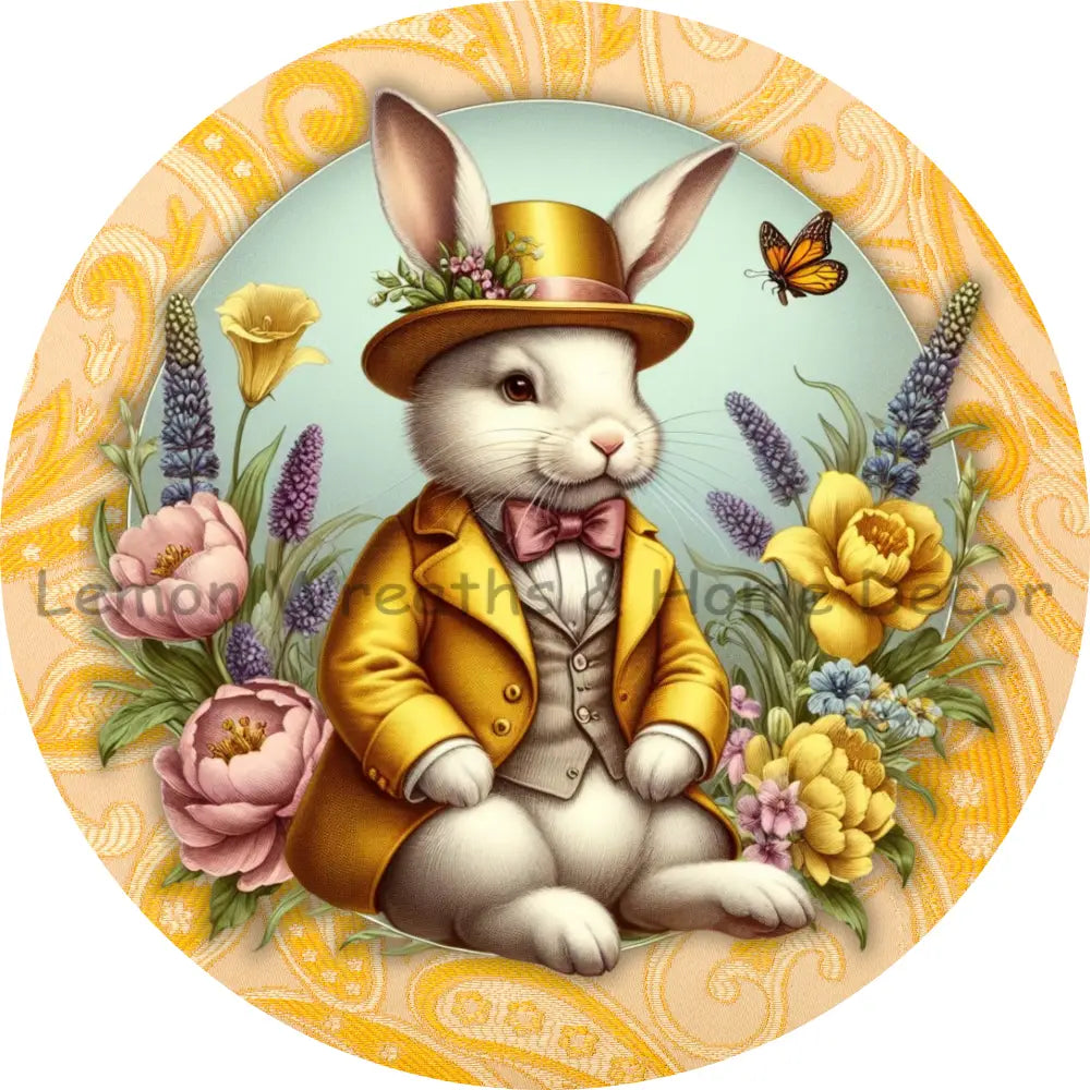 Victorian Rabbit Sitting W/Top Hat Yellow Paisley Metal Sign