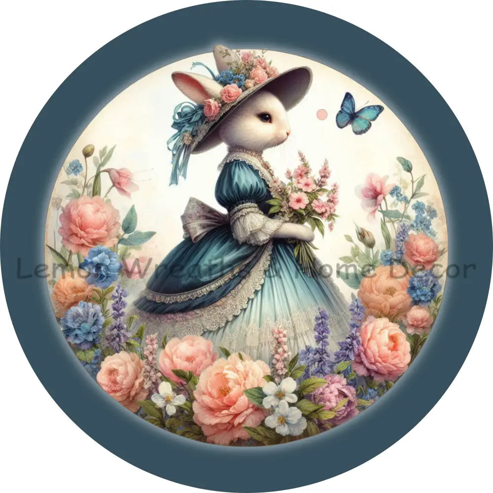 Victorian Rabbit W/Denim Blue Dress Metal Sign