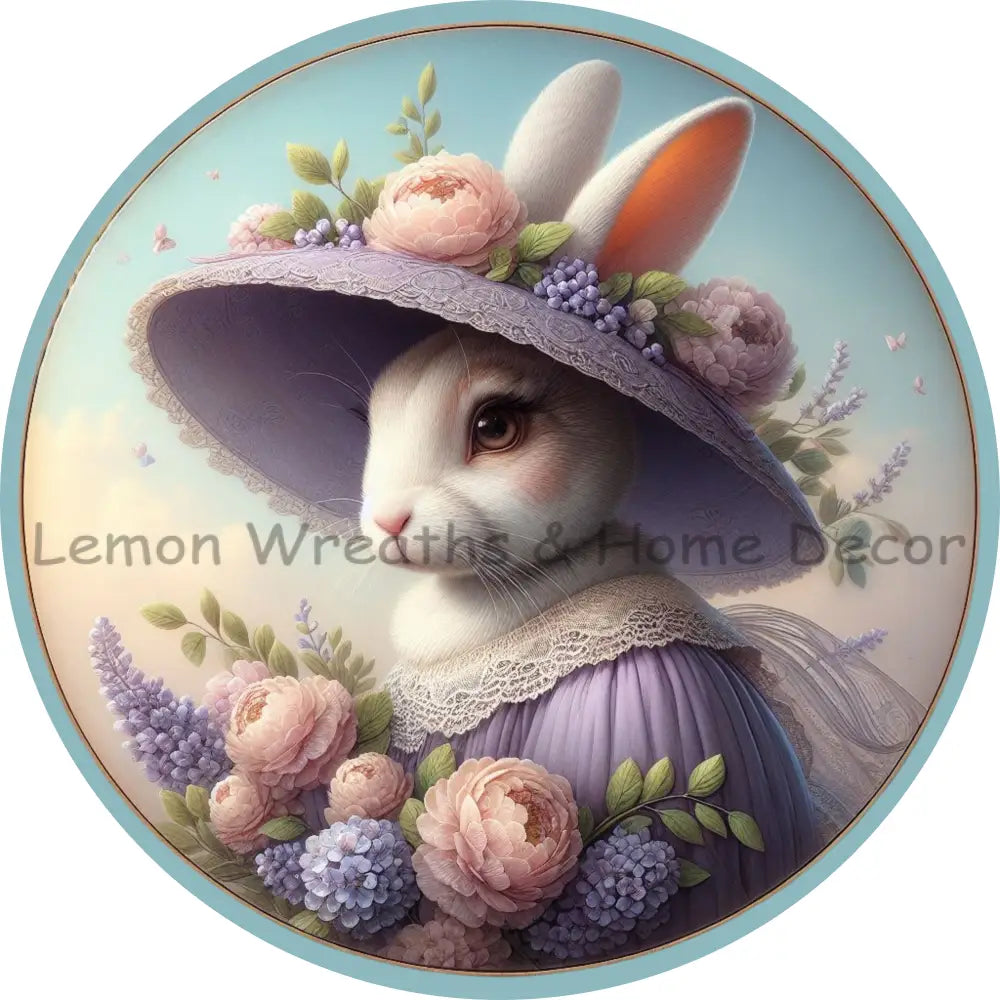Victorian Rabbit W/Purple Dress Pink Peonies Metal Sign